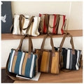 Canvas Striped Tote Bag | Crossbody Shoulder Bag with Wide Strap