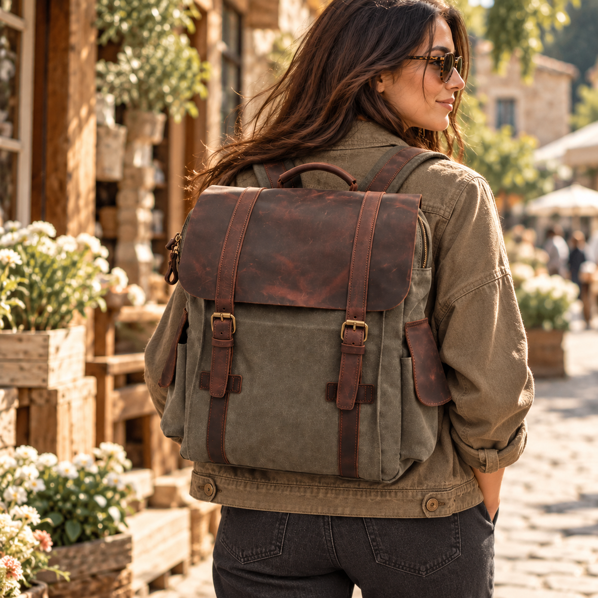 Vintage Canvas Backpack | Leather Flap Rucksack for Men