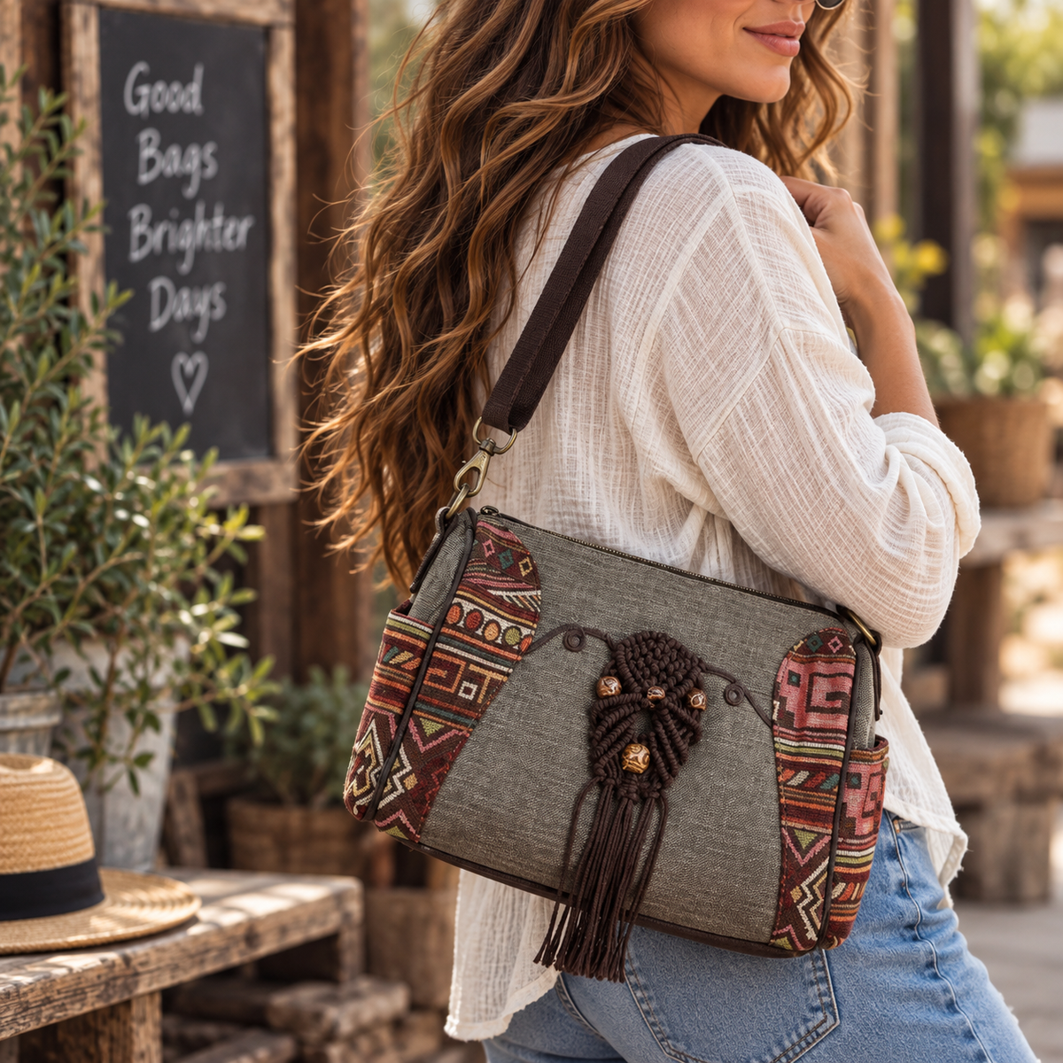Woven Canvas Crossbody Bag | Artisan Boho Shoulder Bag
