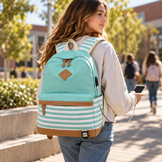 Striped Canvas Backpack Set | Laptop Backpack with Matching Pouch