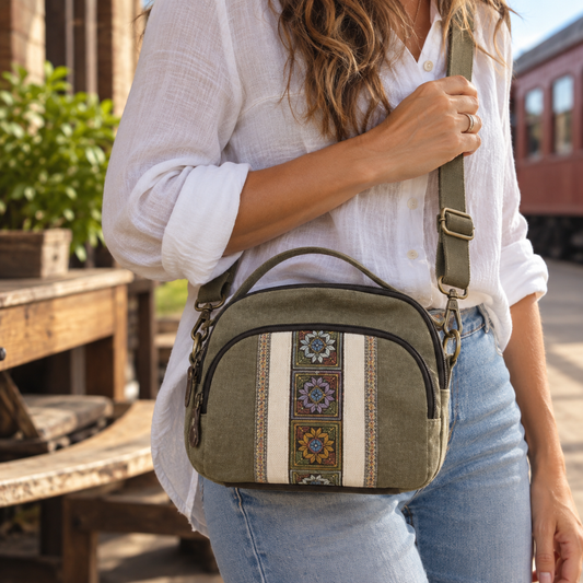 Striped Strap Canvas Crossbody Bag | Mini Cylinder Shoulder Bag