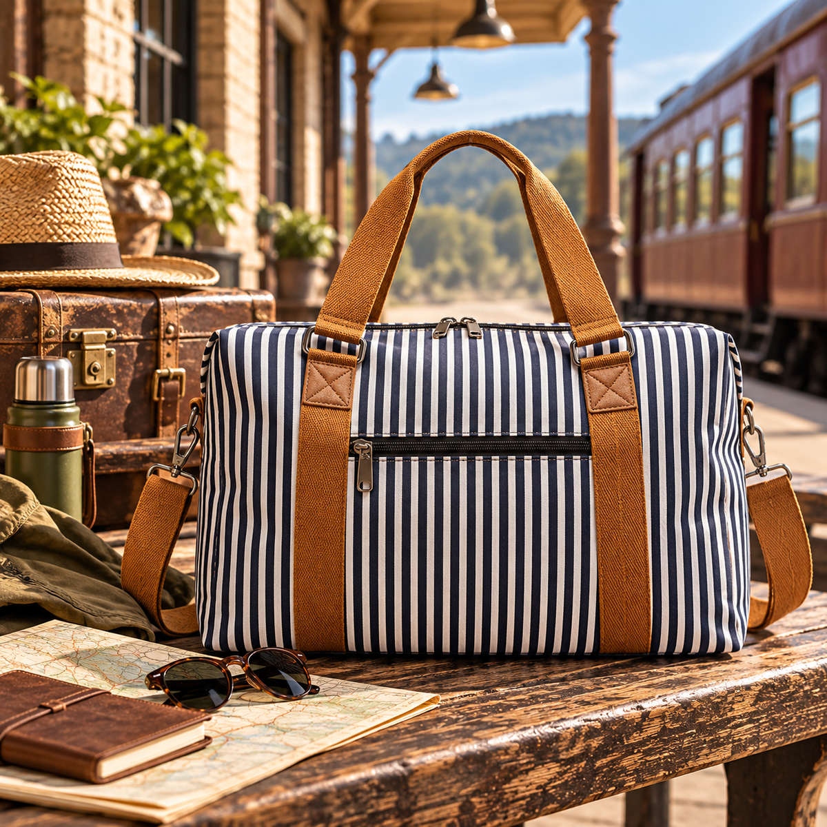 Striped Canvas Weekender | Travel Duffel Bag with Leather Trim