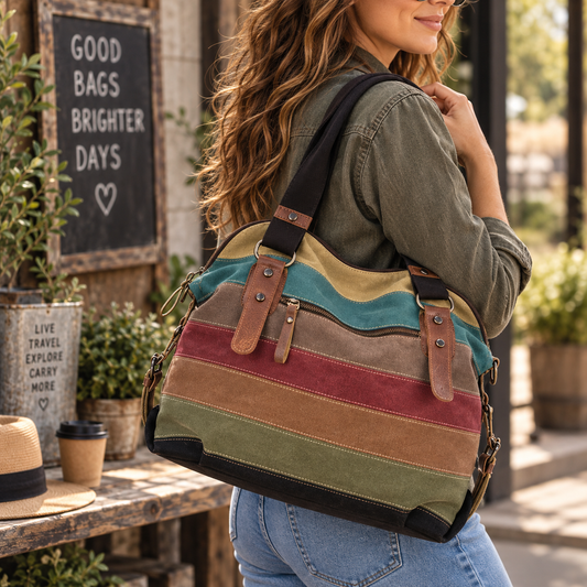 Striped Canvas Tote Bag | Rainbow Colour Block Shoulder Bag