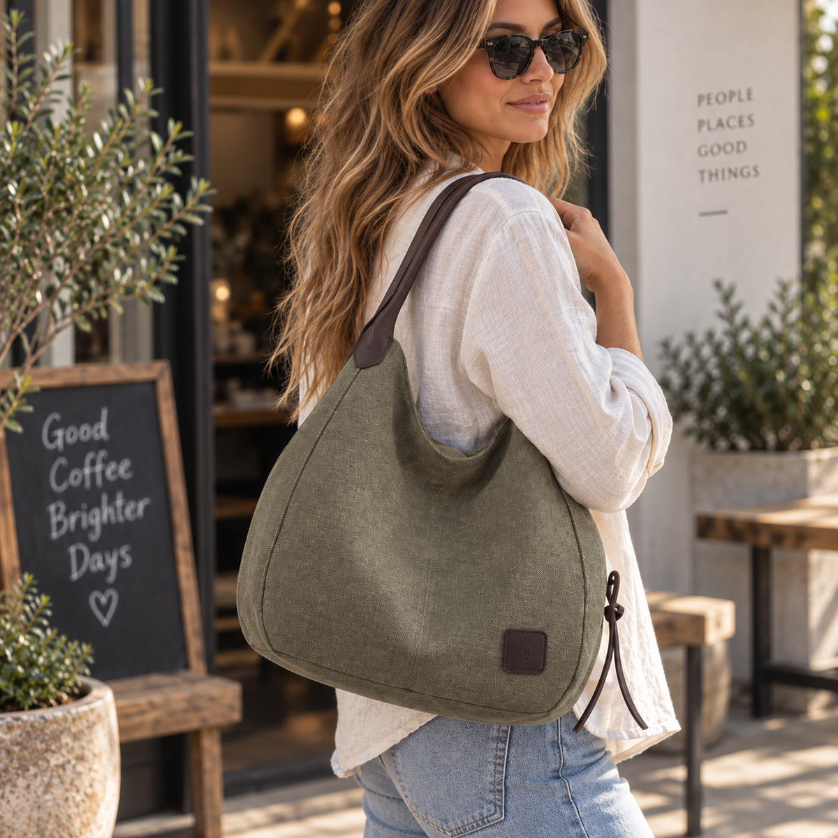 Women's Canvas Shoulder Tote | Oval Bag with Organizer Pockets