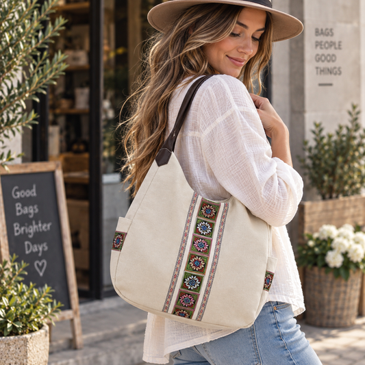 Canvas Hobo Bag | Embroidered Strip Shoulder Bag