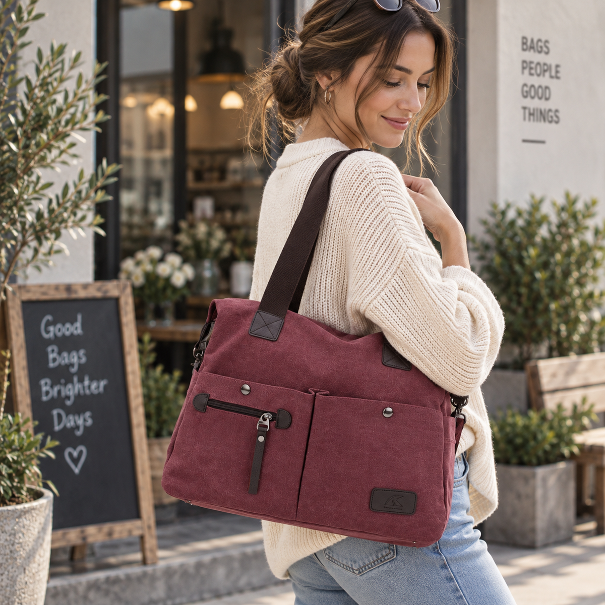 Women's Canvas Shoulder Bag | Multi-Pocket Handbag
