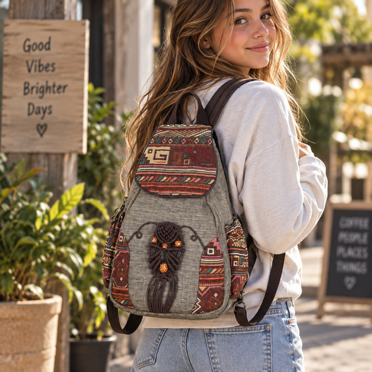 Boho Woven Trim Backpack | Canvas Drawstring Backpack