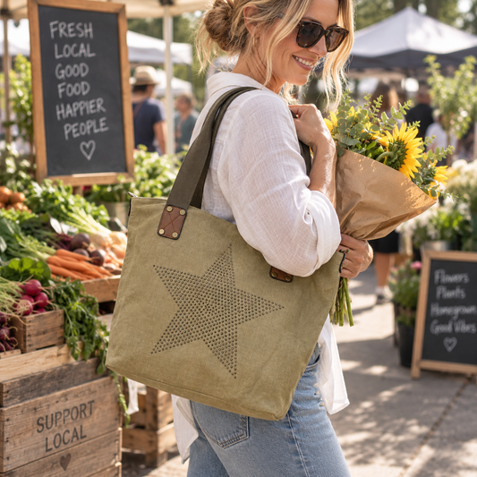 Canvas Star Print Tote Bag | Bucket Shoulder Bag