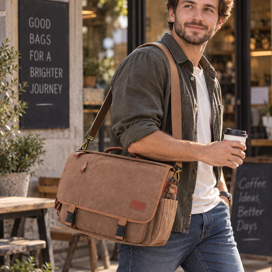 Canvas Messenger Bag with Laptop Compartment | Buckle Flap Bag