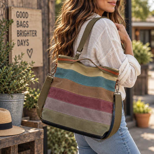 Striped Canvas Shoulder Bag | Colour-Block Saddle Tote