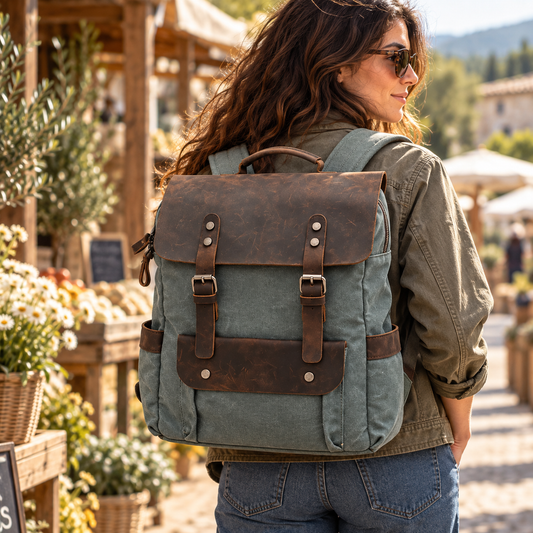 intage Canvas Backpack | 15" Laptop Rucksack with Leather Flap