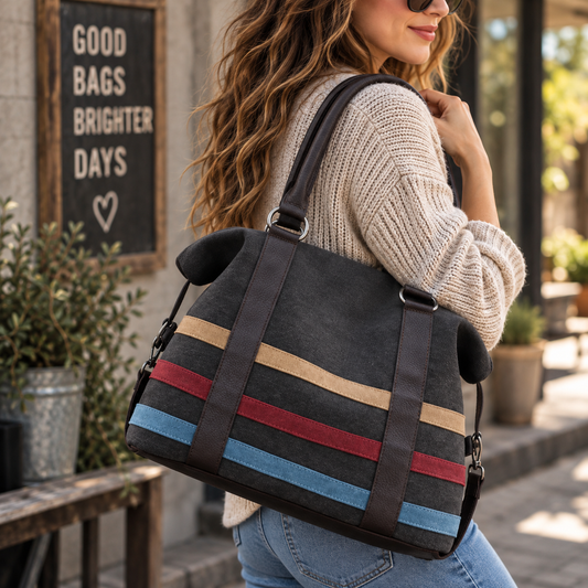 Canvas Tote Bag | Striped Web Strap Handbag
