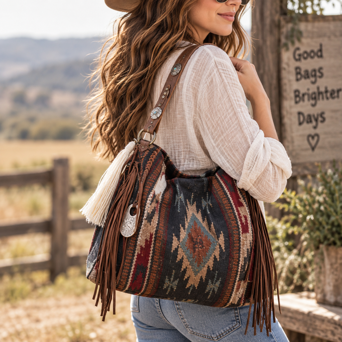 Western Southwestern Print Canvas Bag | Tasseled Shoulder Bag