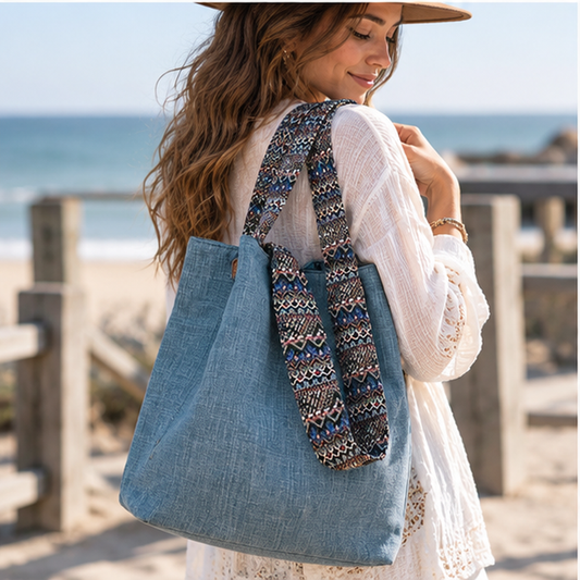 Cotton Linen Bucket Bag | Woven Strap Shoulder Bag