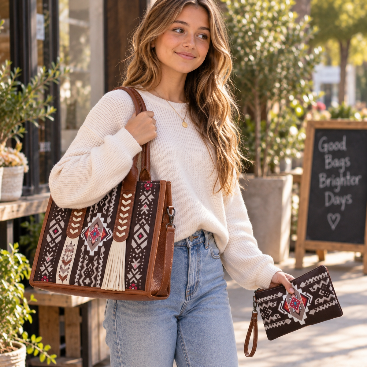 Bohemian Canvas Tote Bag | Ethnic Print Tassel Crossbody