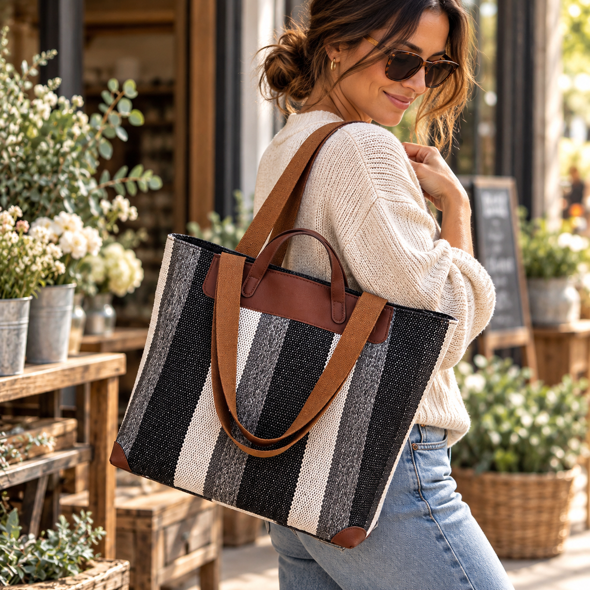 Striped Canvas Tote Bag | Leather Handle Shoulder Bag