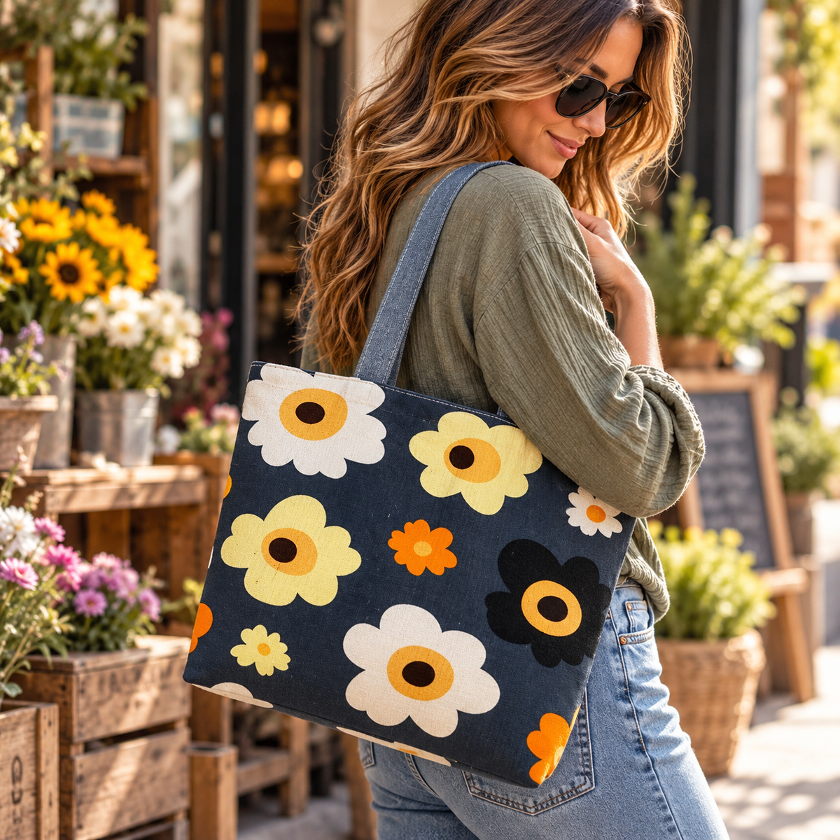 Printed Canvas Tote Bag | Large Capacity Floral & Pattern Print