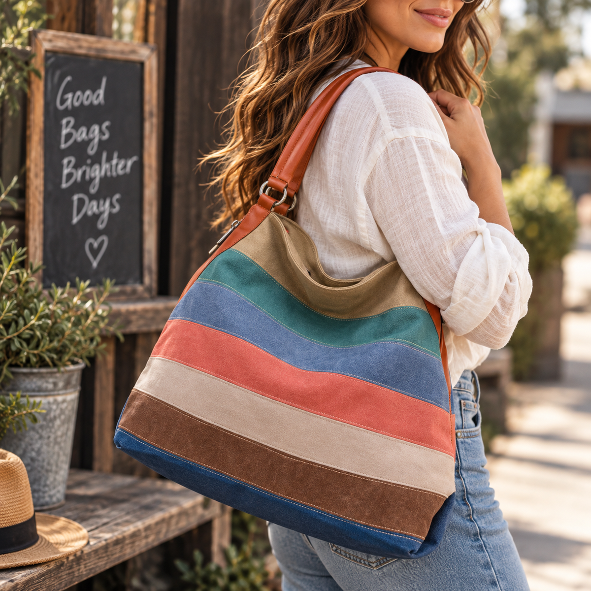 Colour Block Canvas Hobo Bag | Striped Shoulder Handbag