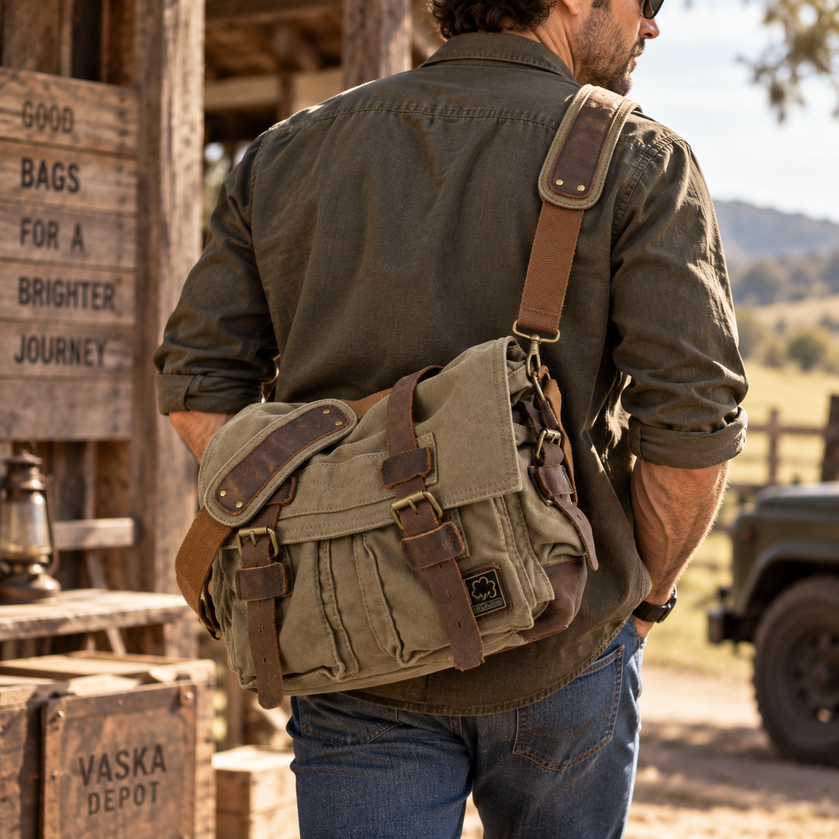 Canvas Messenger Bag | Leather Trim Crossbody Satchel