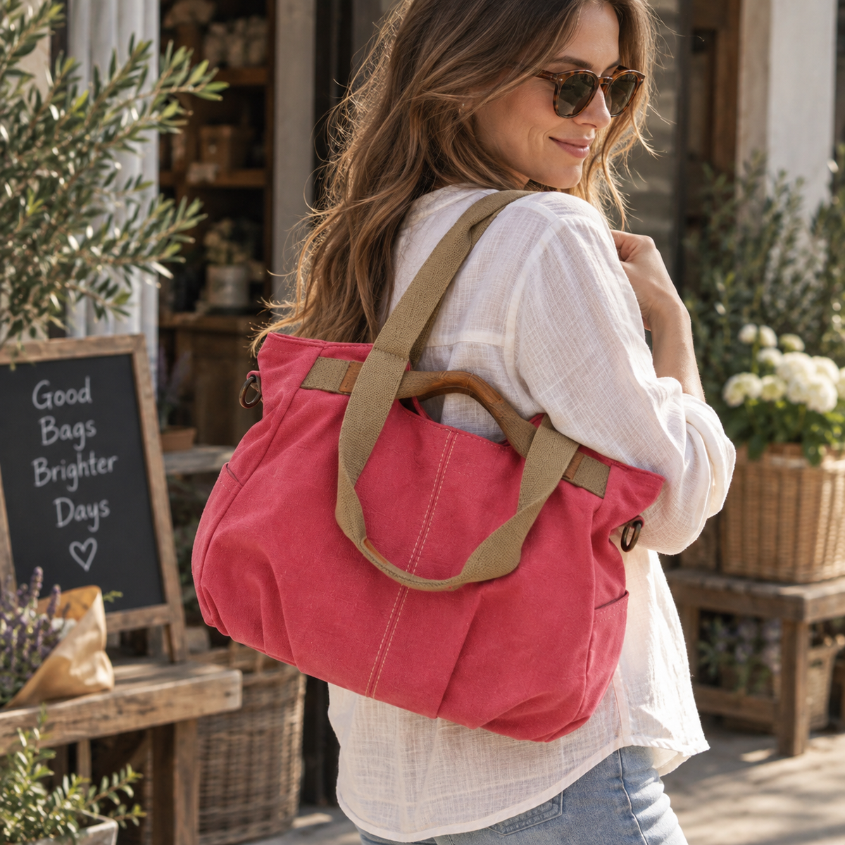 Retro Canvas Tote | Structured Shopper with Wood Handles