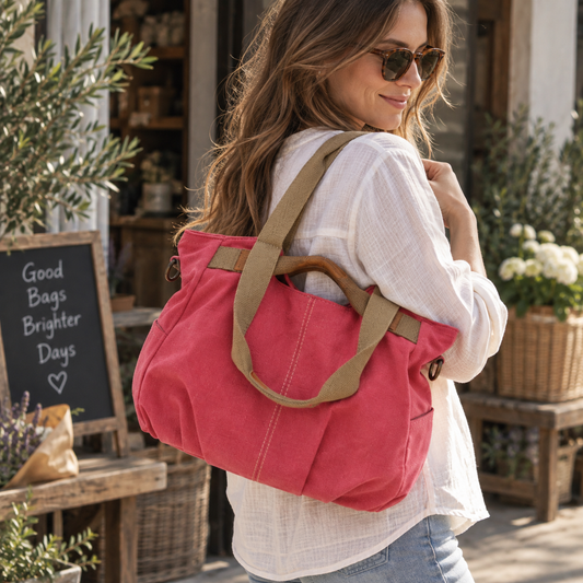 Retro Canvas Tote | Structured Shopper with Wood Handles