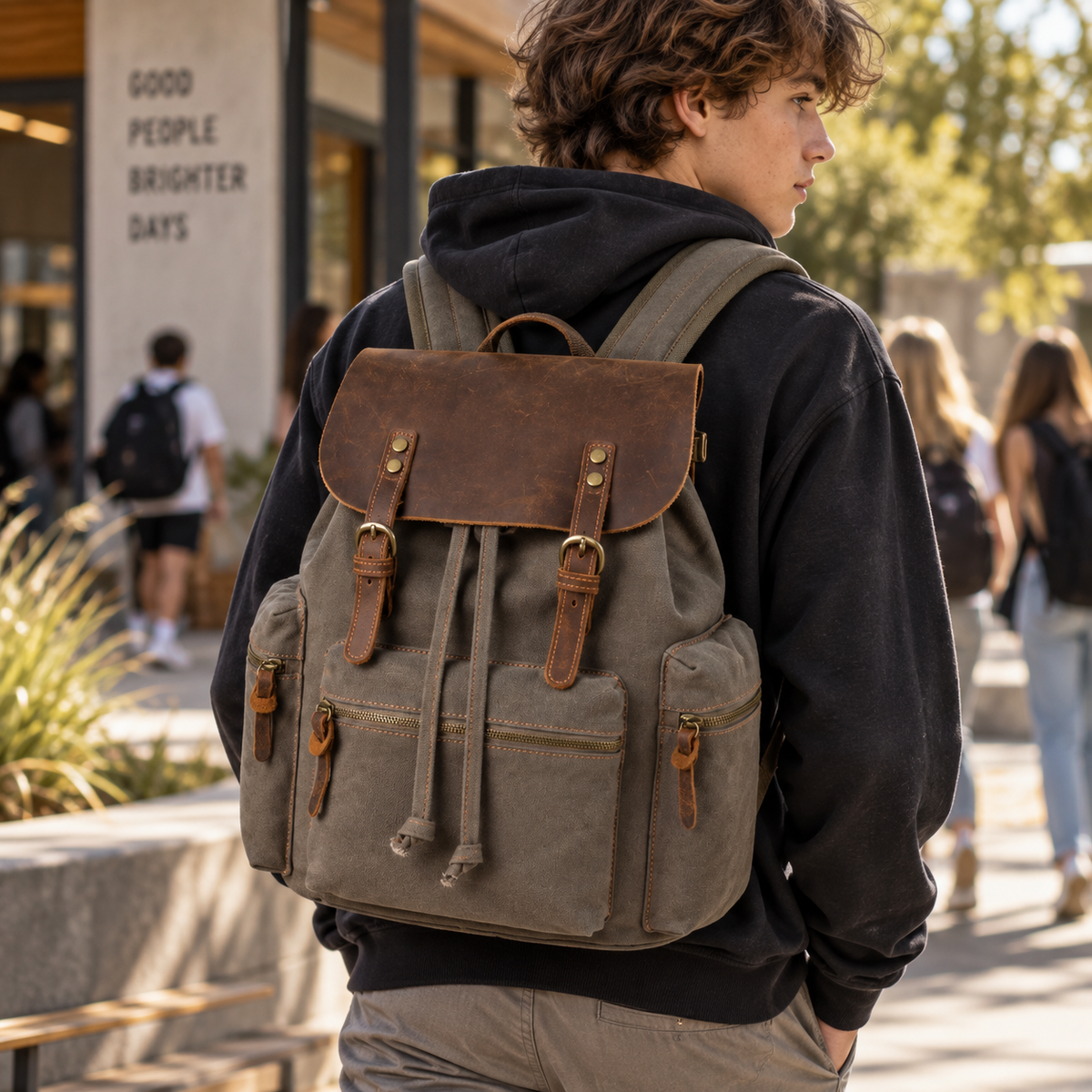 Canvas Backpack with USB Charging Port | Leather Flap Rucksack