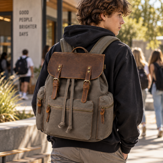 Canvas Backpack with USB Charging Port | Leather Flap Rucksack